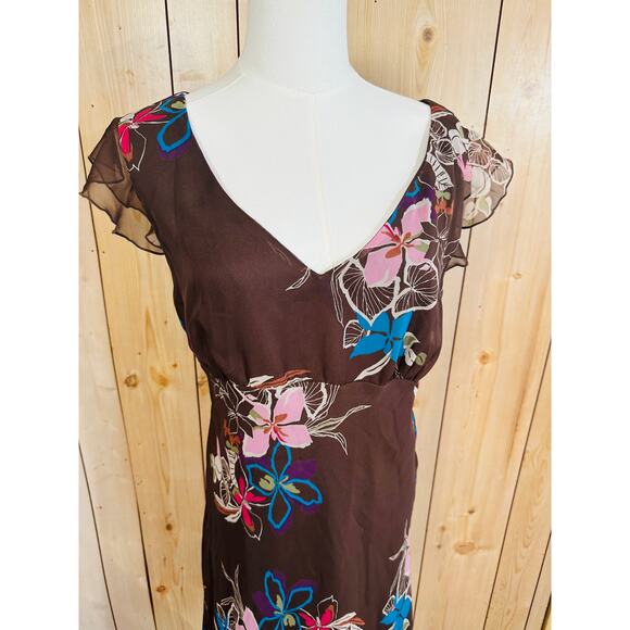 vintage Y2K chocolate brown floral silky cap sleeve midi cottage core sundress - Picture 2 of 4